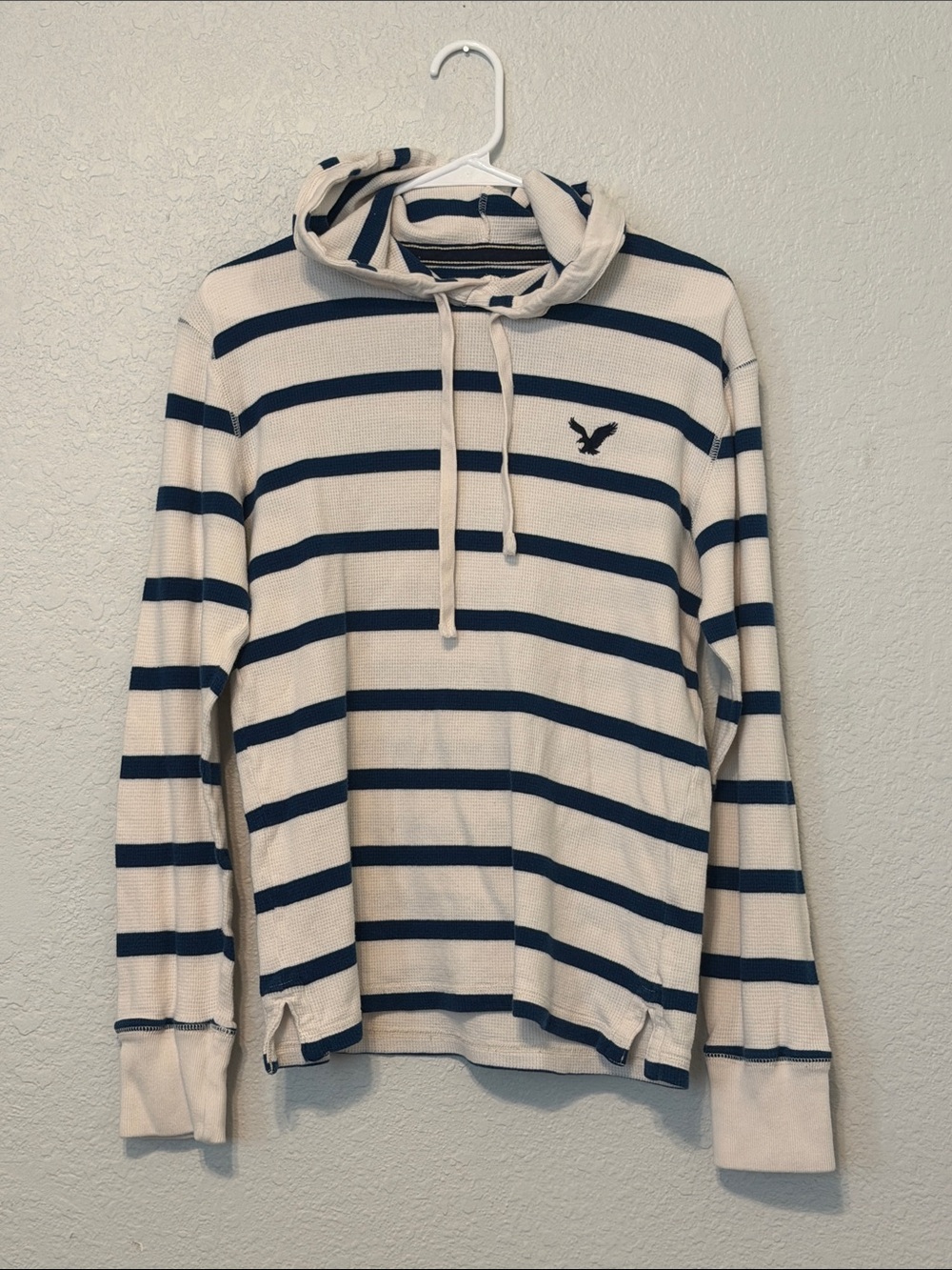 American Eagle Outfitters Cream & Navy Striped Hooded Tee